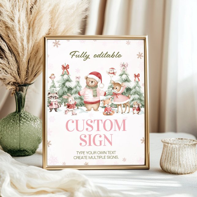 Woodland Animals Pink Winter Birthday Custom Sign Poster (Skapare uppladdad)