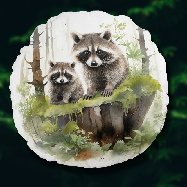 Woodland Animals Raccoons Nursery Kids Room Decor Rund Kudde (Woodland Animals Raccoons Nursery Kids Room Decor Round Pillow)