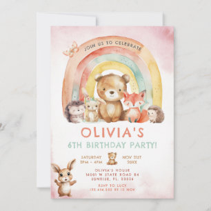 Woodland Animals Rainbow Blommigt Birthday Inbjudningar