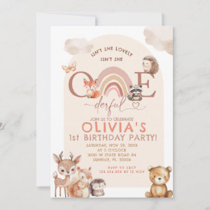 Woodland Animals Rainbow Onederful Birthday Inbjudningar