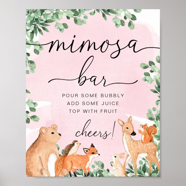 Woodland Animals Rosa Baby Shower Mimosa Pub Sign Poster (Framsidan)