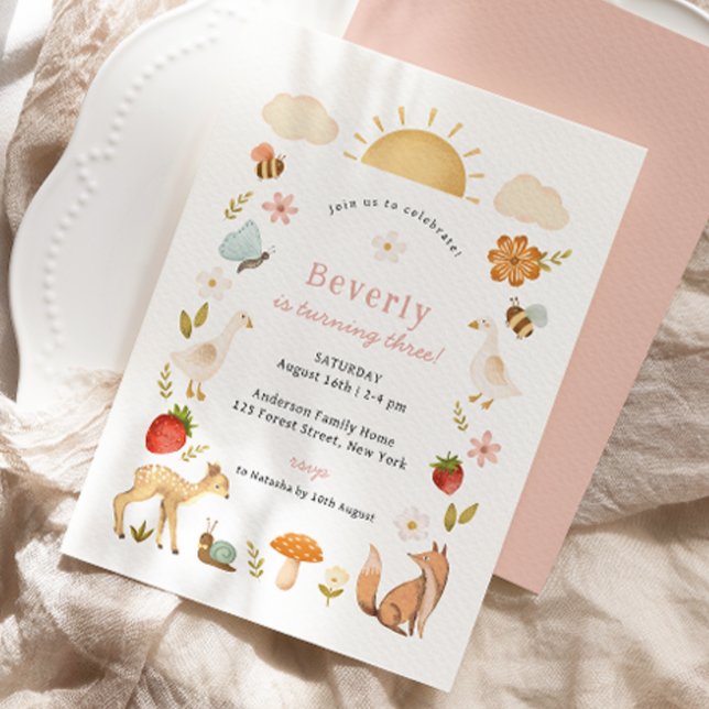 Woodland Animals Rosa Birthday Inbjudningar (Skapare uppladdad)