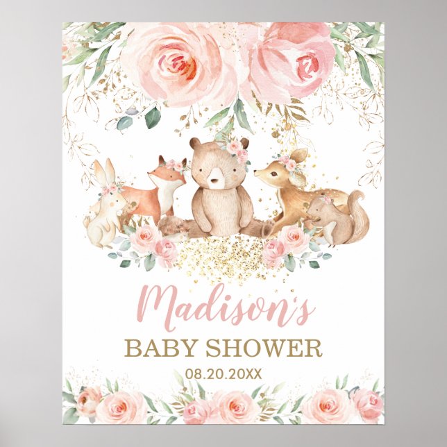 Woodland Animals Rosa Blommigt Baby Shower Välkomm Poster (Framsidan)