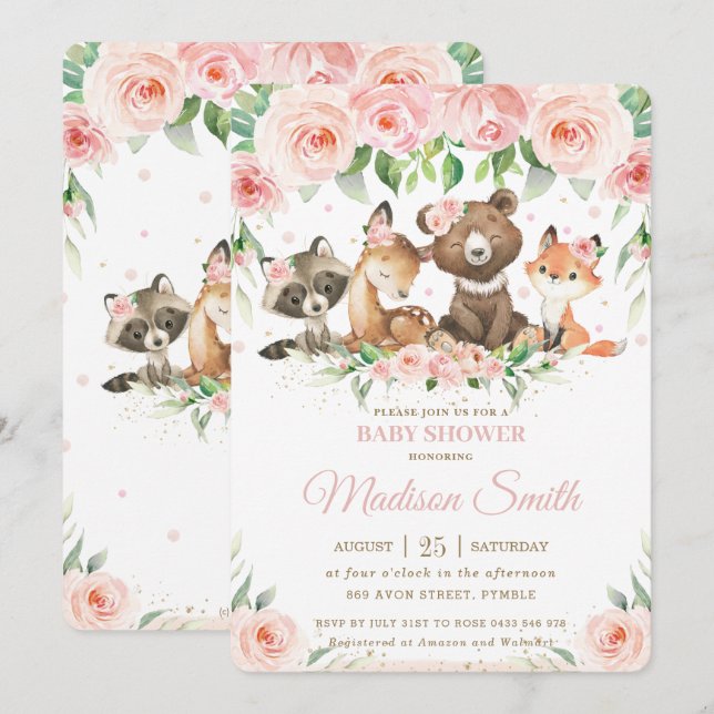 Woodland Animals Rosa  Blommigt Babyskor Inbjudningar (Fram/baksida)