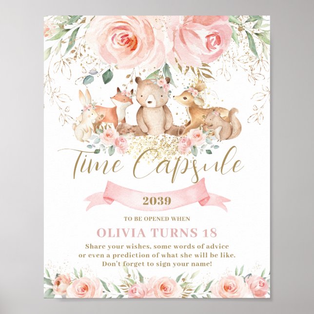 Woodland Animals Rosa Blommigt Birthday Time Capsu Poster (Framsidan)