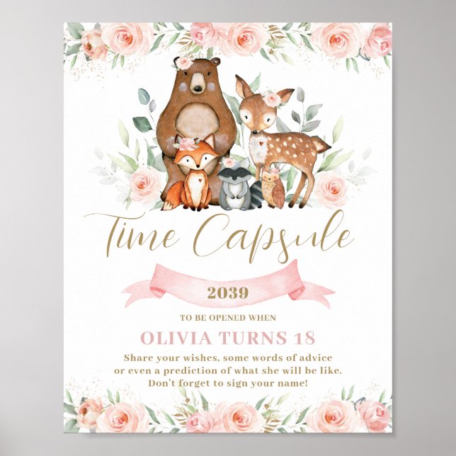 Woodland Animals Rosa Blommigt Birthday Time Capsu Poster (Framsidan)