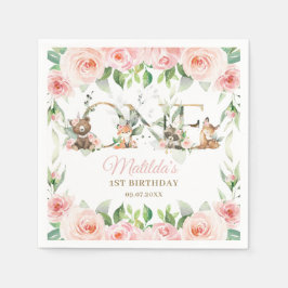 Woodland Animals Rosa Blommigt Girl 1 Birthday Pappersservett