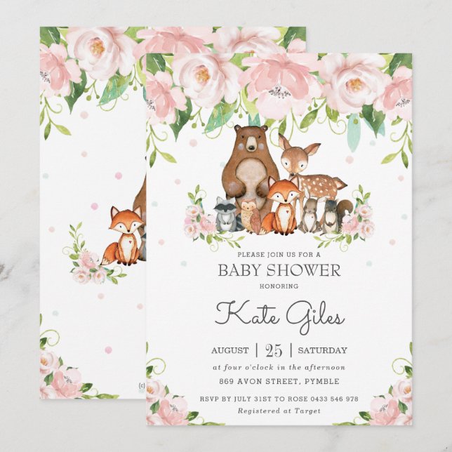 Woodland Animals Rosa Blommigt Girl Baby Shower Inbjudningar (Fram/baksida)
