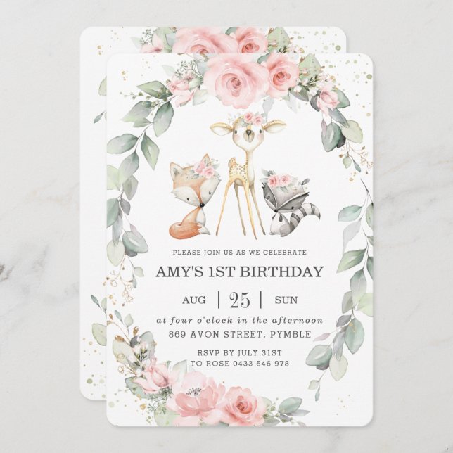 Woodland Animals Rosa Blommigt Greenery Birthday Inbjudningar (Fram/baksida)