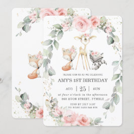 Woodland Animals Rosa Blommigt Greenery Birthday Inbjudningar