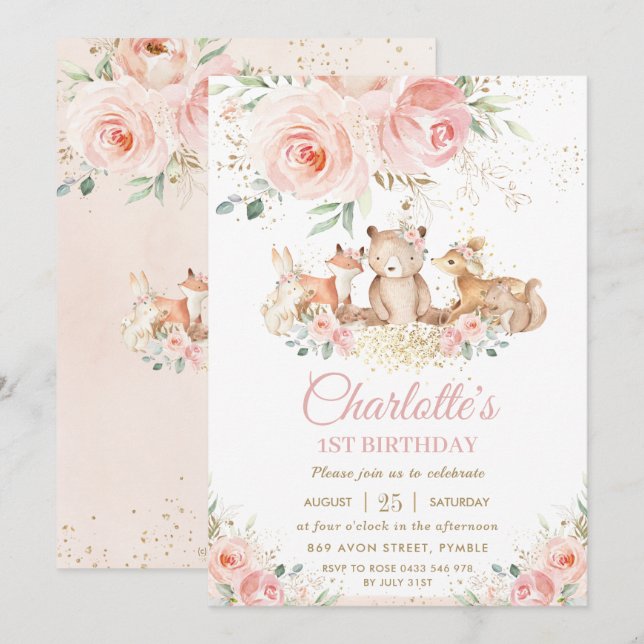 Woodland Animals Rosa Blommigt Guld Girl Birthday Inbjudningar (Fram/baksida)