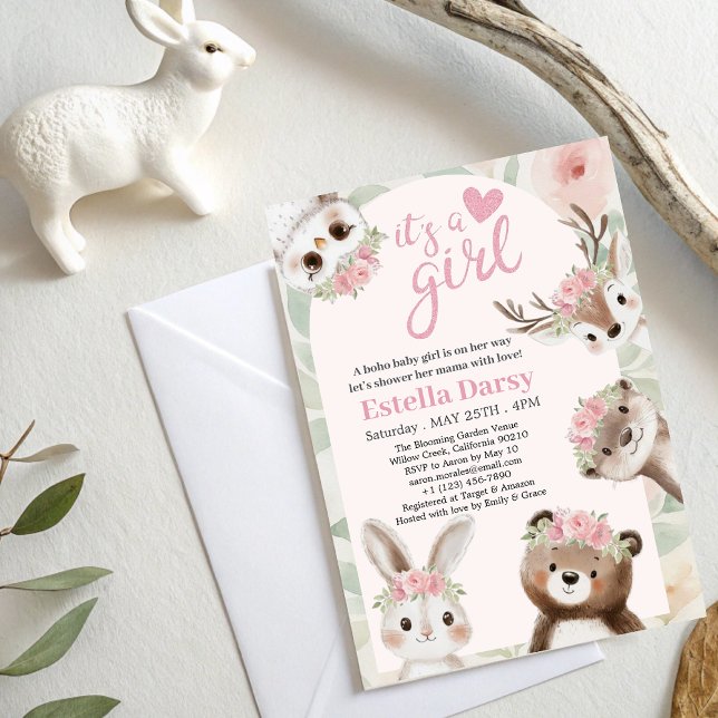 Woodland Animals Rosa Boho Girl Baby Shower Inbjudningar (Skapare uppladdad)