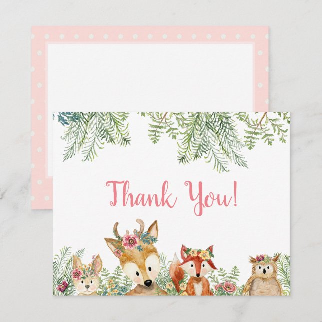 Woodland Animals Rosa Boho Hjort n Fox Tack Inbjudningar (Fram/baksida)