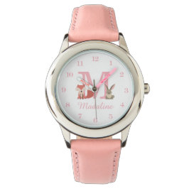 Woodland Animals Rosa Flicka Initial Monogram Armbandsur