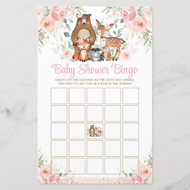 Woodland Animals Rosa ros Baby Shower Bingo Game (Framsida)