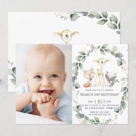 Woodland Animals Rustic Greenery Birthday Photo Inbjudningar