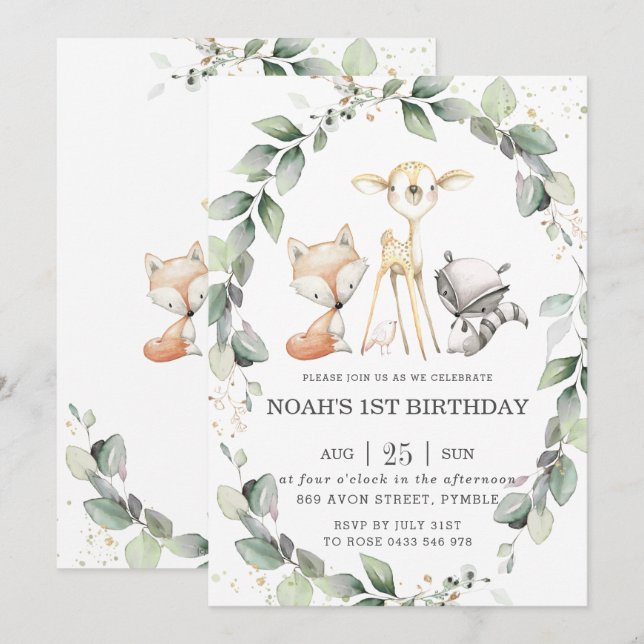 Woodland Animals Rustic Greenery Leafy Birthday Inbjudningar (Fram/baksida)