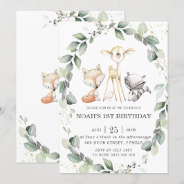 Woodland Animals Rustic Greenery Leafy Birthday Inbjudningar