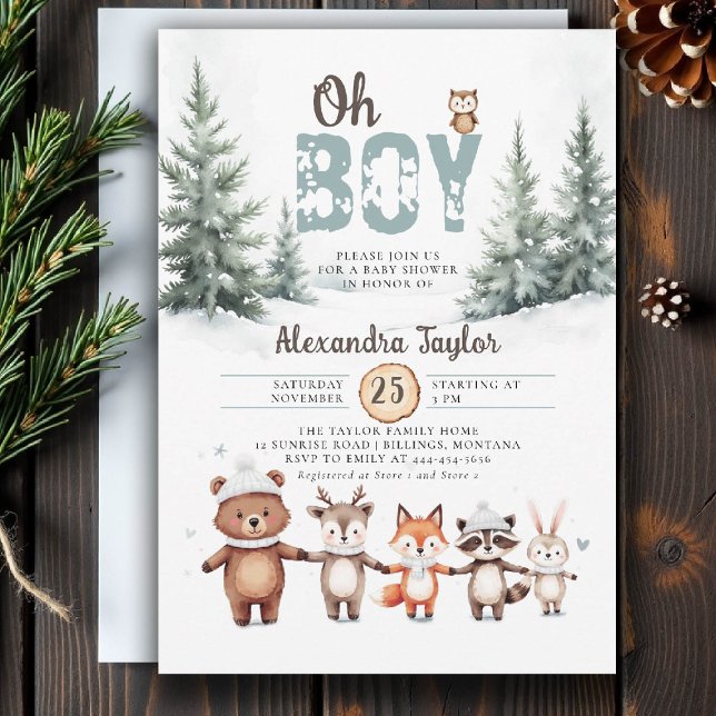 Woodland Animals Rustic Winter Boy Shower Inbjudningar (winter baby shower invitation oh boy cute woodland animals watercolor snow rustic adventure)