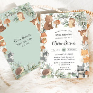 Woodland Animals säljer Greenery Neutralt Baby Sho Inbjudningar