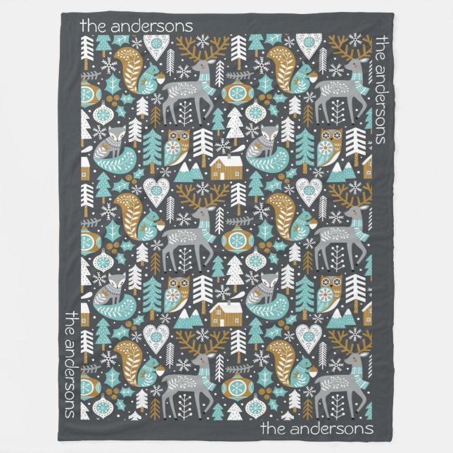 Woodland Animals Snöflingor Scandinavian Jul Fleecefilt (Framsidan)