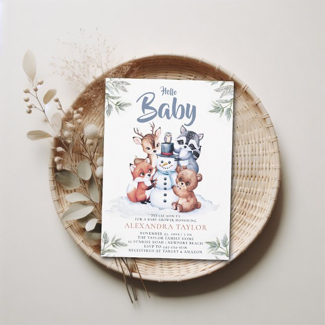 Woodland Animals Snögubbe Character Boy Shower Inbjudningar (winter baby shower invitation boy woodland snowman cute characters watercolor illustration modern)