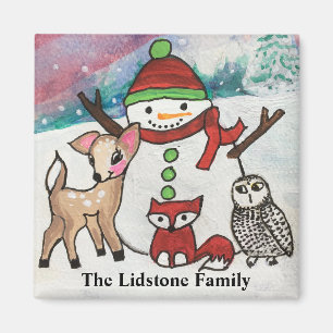 Woodland Animals Snögubbe Family Namn Magnet