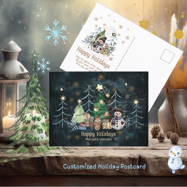 Woodland Animals Snögubbe-julblått Vykort (Woodland Animals Snowman Christmas Teal blue Postcard)