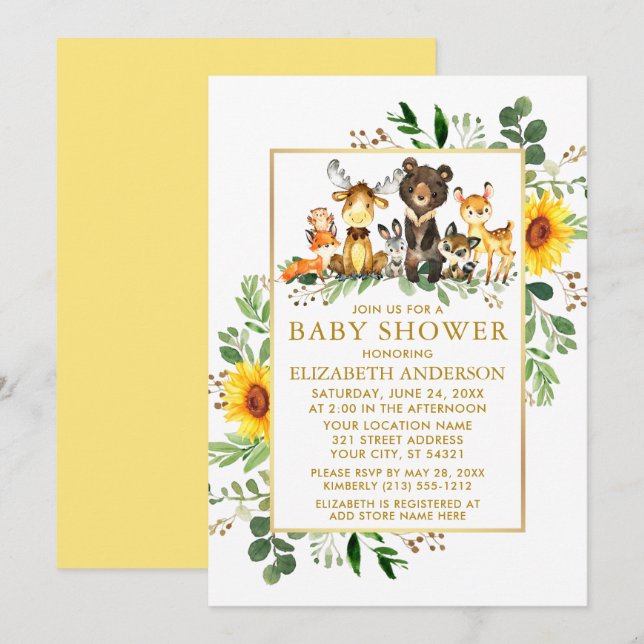 Woodland Animals Solblommor Guld Baby Shower Inbjudningar (Fram/baksida)