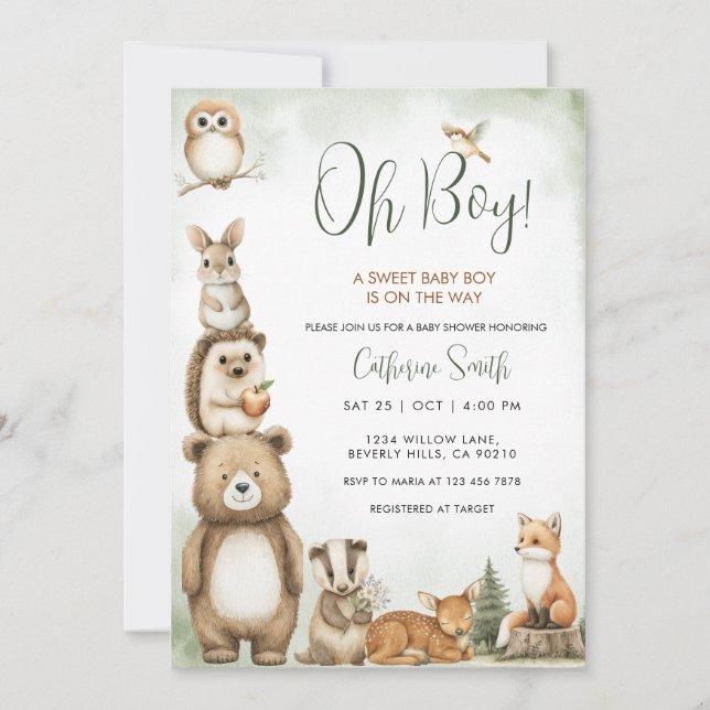  Woodland Animals Sweet Baby Boy Baby Shower Inbjudningar (Framsida)
