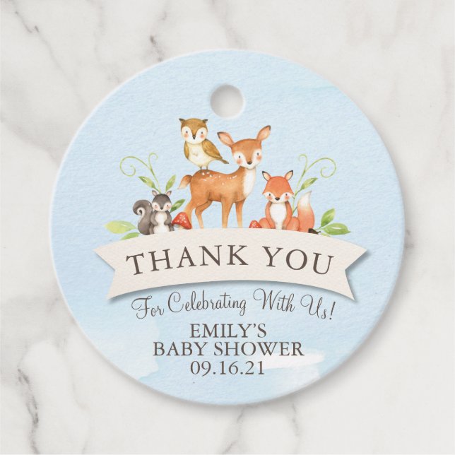 Woodland Animals Tack Boy Blue Shower Gåvor Etiketter (Framsida)