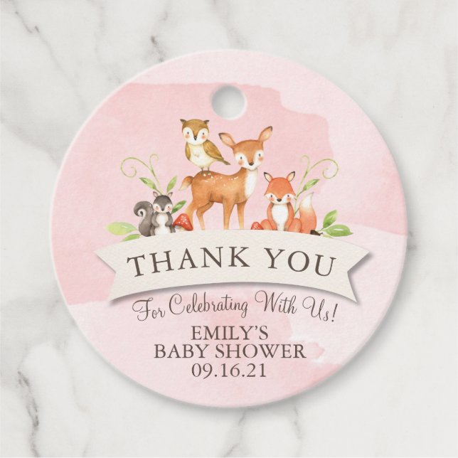 Woodland Animals Tack Girl Rosa Baby Shower F Gåvor Etiketter (Framsida)