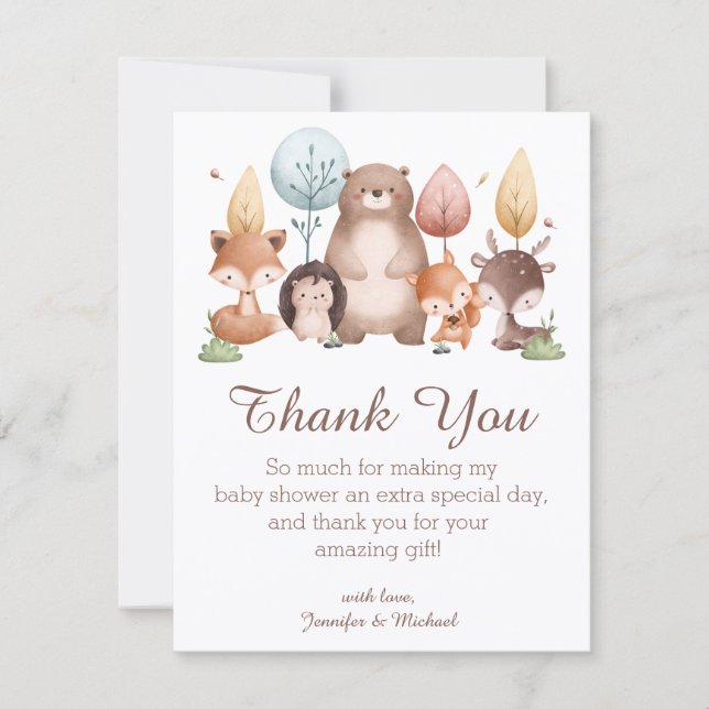 woodland animals thank you baby shower stylish anteckningskort (Framsida)
