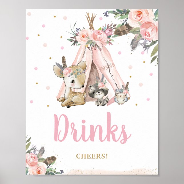 Woodland Animals Tribal Boho Blommigt Drinks Cheer Poster (Framsidan)