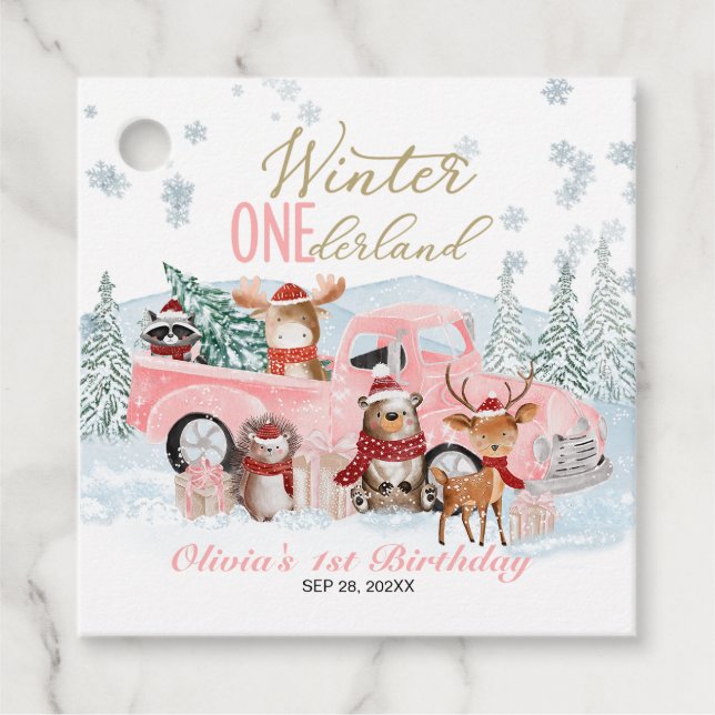 Woodland Animals Truck ONEderland 1st Birthday Gåvor Etiketter (Framsida)