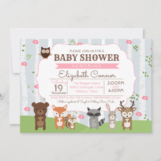 Woodland Animals Vår eller Summer Girl Baby Shower Inbjudningar (Framsida)