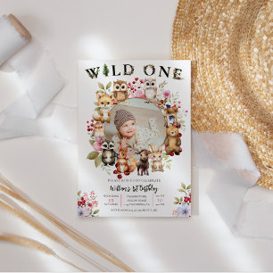 Woodland Animals Vild 1, 1St Birthday w Photo Inbjudningar