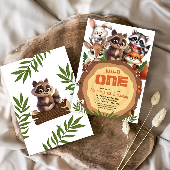Woodland Animals Vild 1 Barns födelsedag Inbjudningar (Woodland Animals Wild One Kids Birthday Invitation)