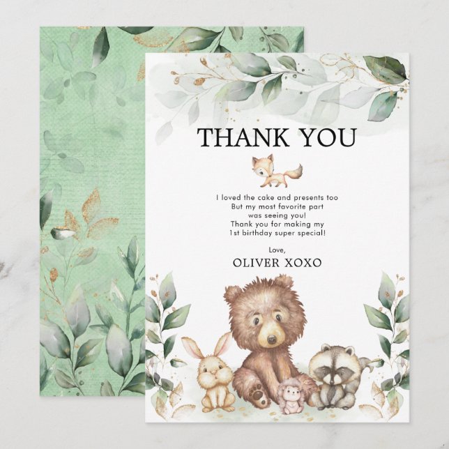 Woodland Animals Vild en Greenery Guld Birthday Tack Kort (Fram/baksida)