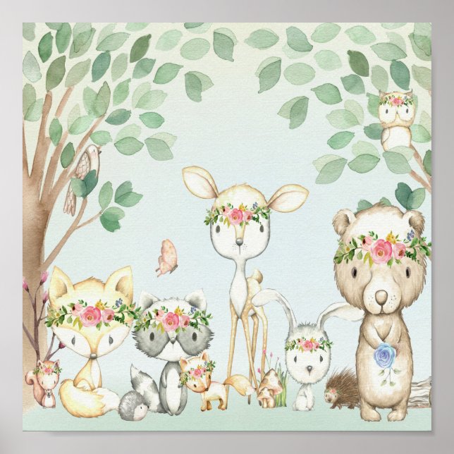 Woodland Animals Wall Art Poster Baby Nursery Boho (Framsidan)