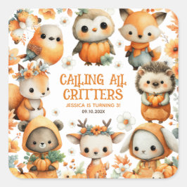 Woodland Animals Watercolor Autumn Kids Birthday Fyrkantigt Klistermärke