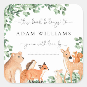 Woodland Animals White Bookplate Sticker Fyrkantigt Klistermärke