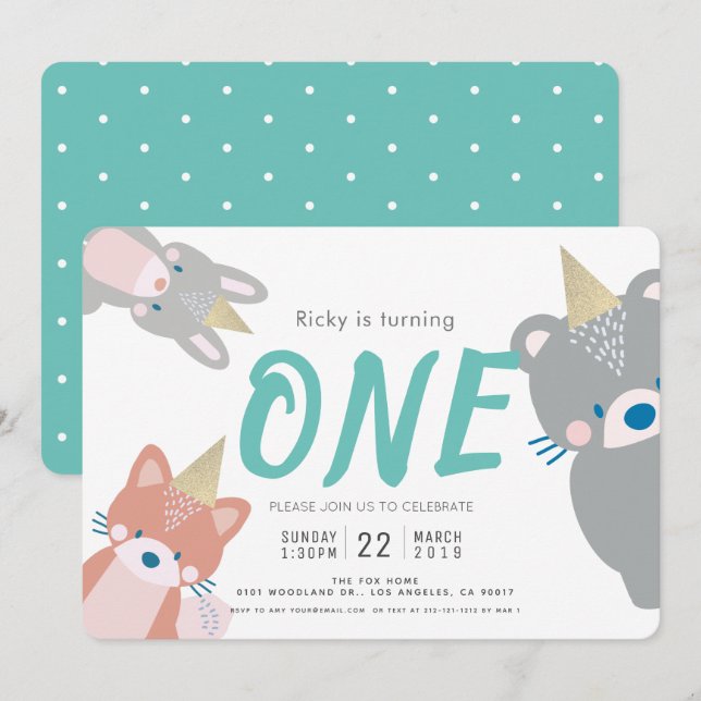 Woodland Animals White Teal Boy 1st Birthday Inbjudningar (Fram/baksida)