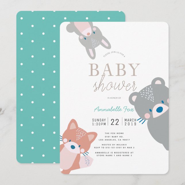 Woodland Animals White Teal Boy Baby Shower Inbjudningar (Fram/baksida)