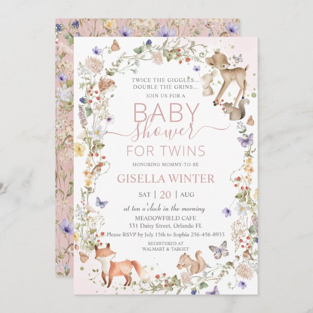 Woodland Animals Wildflower Twins Baby Shower Inbjudningar (Fram/baksida)