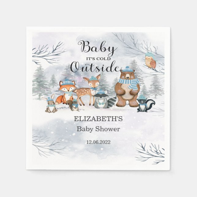 Woodland Animals Winter Blue Boy Baby Shower Pappersservett (Framsidan)