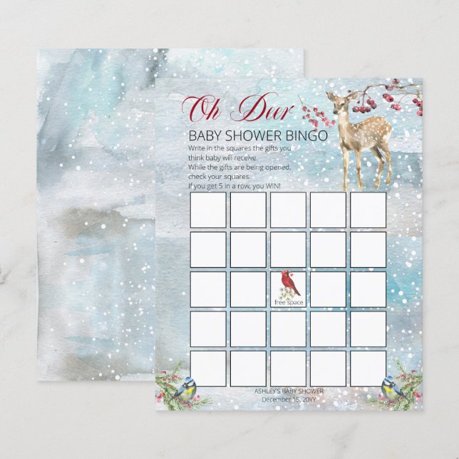 Woodland Animals Winter Boy Shower Bingo Card (Fram/baksida)