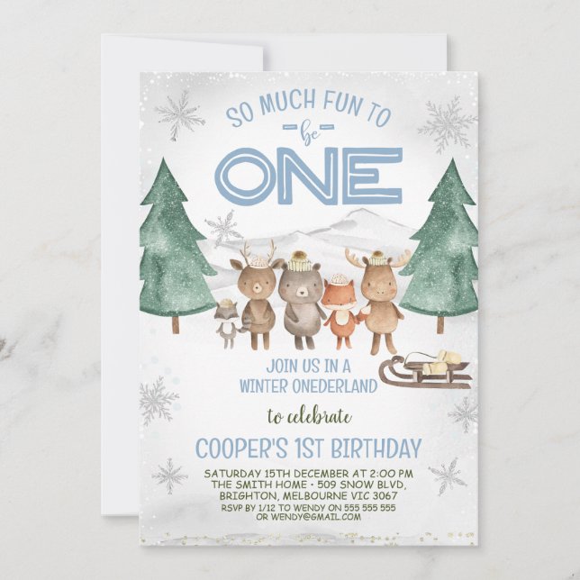 Woodland Animals Winter Onederland Birthday Inbjudningar (Framsida)