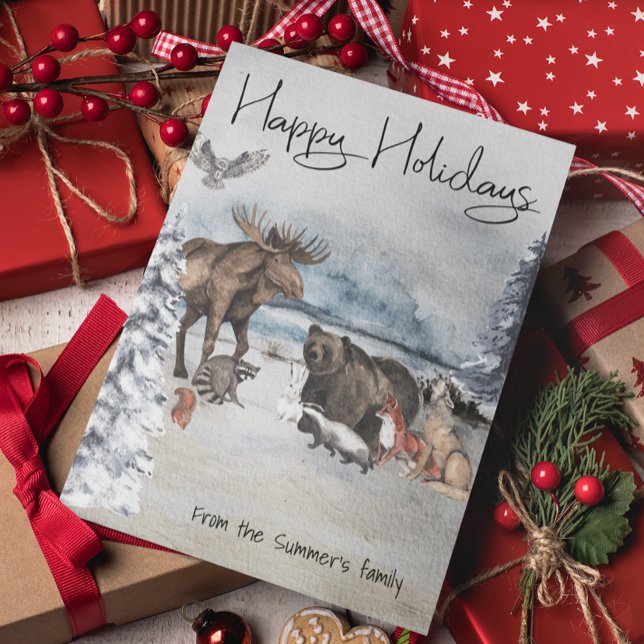 Woodland Animals Winter Watercolor Helgdag Vykort (Skapare uppladdad)