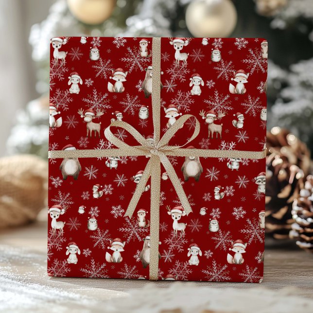 Woodland Animals Winter Wonderland Decoupage Red Presentpapper (Skapare uppladdad)